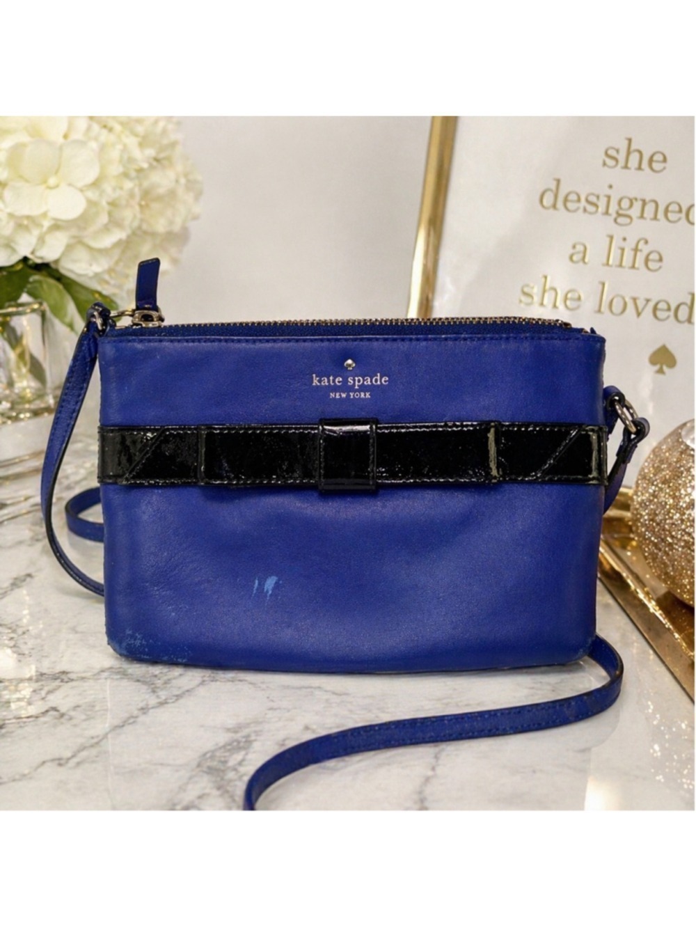 Kate Spade Blue Leather Bow Crossbody Shoulder Bag